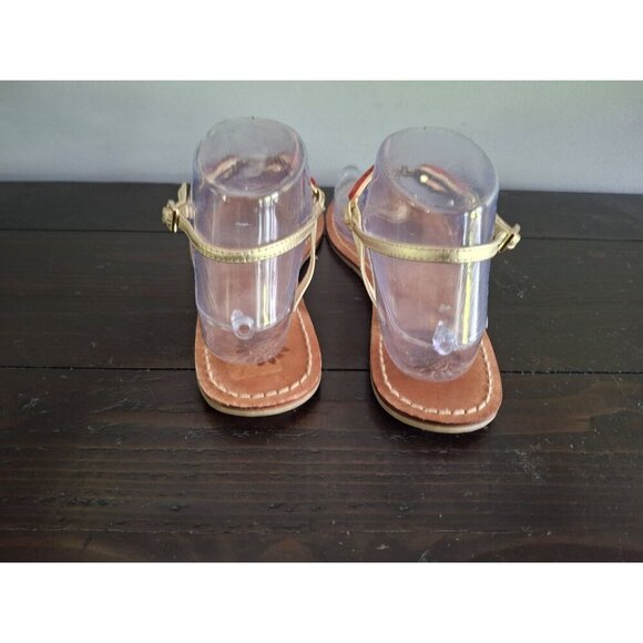 EUC Yellow Box Leather Sandals with Gold Straps and Red Teardrop Embellishments/ - Picture 6 of 9